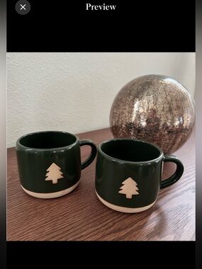 Crate & Barrel Green Ceramic Mugs with Tree Design